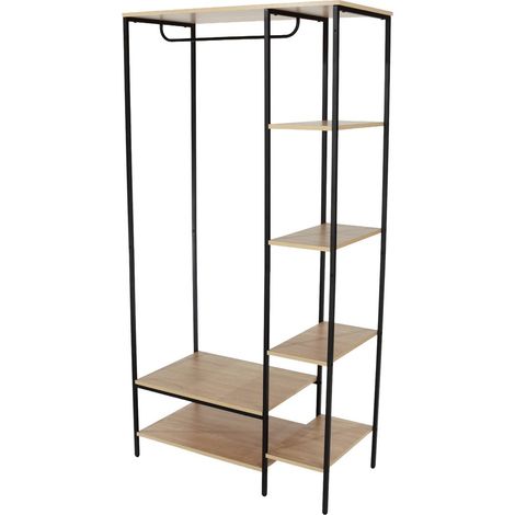 Kelly Open Wardrobe with Side Shelf Storage - Metal - L45 x W90 x H178 cm - Oak Effect/Black - Flat Packed