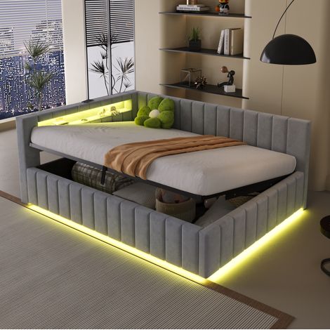 DESVIAE Lit double rembourré 140 x 200 cm avec rangement hydraulique LED USB tête de lit et dossier en velours gris clair (1/4)