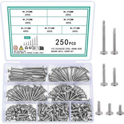 250 Pcs Vis Autoforeuse Metal, M4.2 Vis Autotaraudeuse en Acier Inoxydable 410, Vis à Tête Plate à Tête Cylindrique en Métal Vis Autoperceuse pour Métal (1/5)