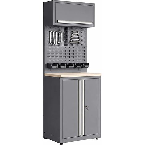 Établi en bois et acier avec armoire basse - L75 x P57 x H202 cm - Gris anthracite - ATELIOR (1/5)