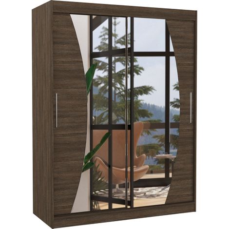 Armoire de chambre marron 2 portes coulissantes avec miroir Modela 150cm (1/5)
