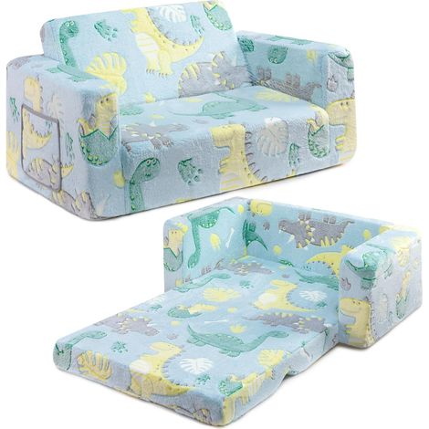 Canapé enfant extra large 2 en 1 en sherpa pour petits enfants, convertible en lit bébé pour filles et garçons, dinosaure lumineux, pliable (1/5)