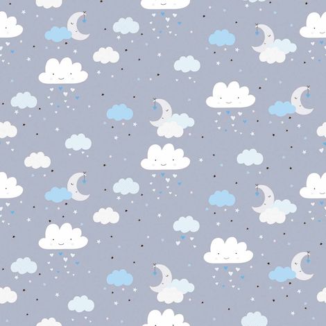 Papiers peints gris pour chambre bébé | Papier peint bleu motif nuage pour chambre garçon | Tapisserie enfant bleue intissée motif nuage - 10,05 x 0,53 m (1/5)