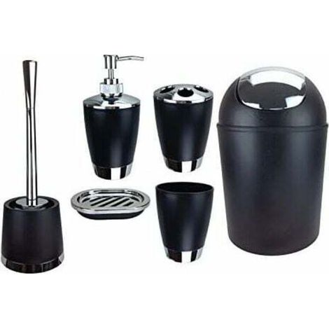 Jeu de 6 accessoires de salle de bain : distributeur de savon, brosse de WC avec porte-brosse, ensemble complet de rangement et équipement de salle de bain, finition noire (1/5)