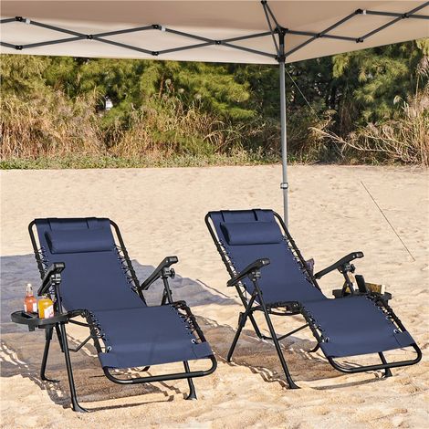 Yaheetech Chaise Longue Pliante Inclinable Bain de Soleil Lot de 2 Zéro Gravité avec Plateau Amovible pour Piscine Jardin Terrasse Charge 114kg Bleu (1/5)