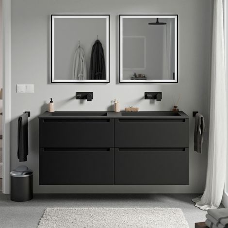 Unterschrank Bernstein VIREO 120cm mit Mineralguss Waschbecken BRUXELLES Badmöbel: Schwarz matt, Waschbecken: Schwarz matt ohne Hahnloch