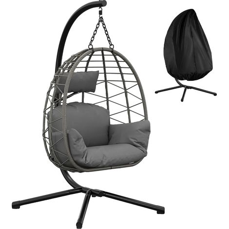 Silla colgante tipo huevo, funda para todas las estaciones, asiento acolchado, 196 x 105 cm, gris. (1/2)