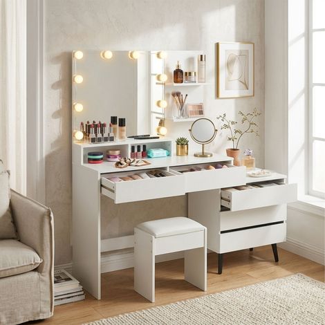 Relaxdays Toeletta, specchio LED & sgabello, 5 cassetti, HxLxP: 143x150x38 cm, bianca (1/5)