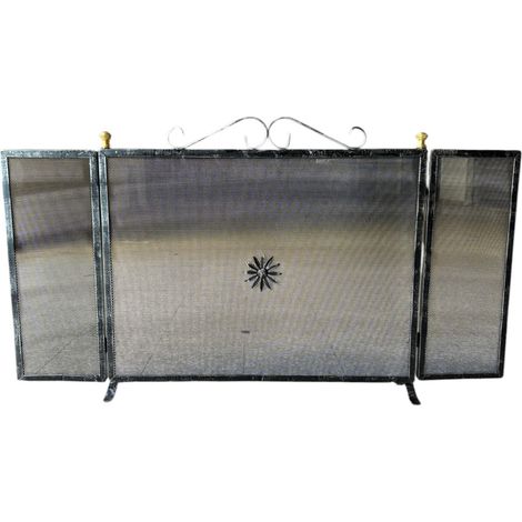 Parascintille per Camino/Caminetto, 3 Ante Richiudibili in Ferro Battuto con Pomelli in Ottone, Made in Italy (70 cm + (21 cm x 2 Antine) 60 cm H)