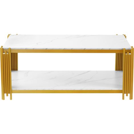 Rechteckiger Couchtisch mit Metallbeinen, Tischplatte in Marmorierung, moderne Wohnzimmermöbel, weiß-goldene – H46/B1140/T64 cm (1/5)