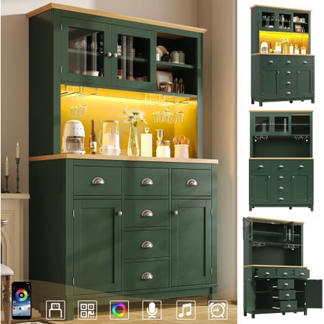 Buffet Haut Style Campagne 180cm, 4 Portes avec Éclairage LED App et Porte-Gobelets, Vert et Blanc Poignées Argentées, Anti-Basculement pour Cuisine (1/5)