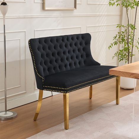 Banc de Salle à Manger 2 Places - Banquette Loveseat en Velours Capitonné à Boutons, Pieds Acier Doré - Noir Moderne & Chic (1/5)