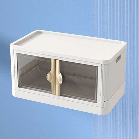 Boîte de rangement à double porte multifonction pliable et empilable avec couvercles pour jouets, vêtements, goûters et livres, petite taille, blanche (1/5)