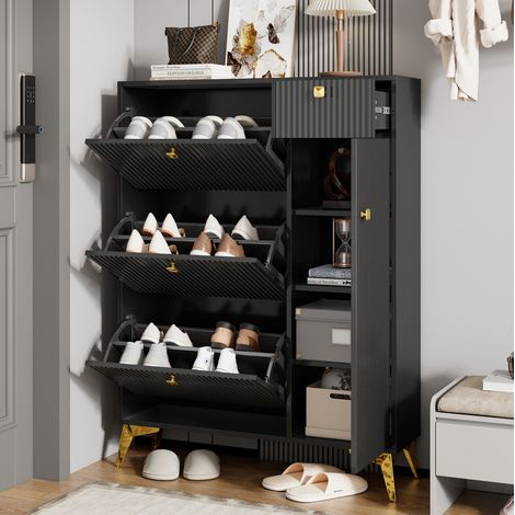 Scarpiera in truciolare e MDF nera, 3 ribalte, 1 cassetto e 1 anta, 90 x 25 x 121 cm (1/5)