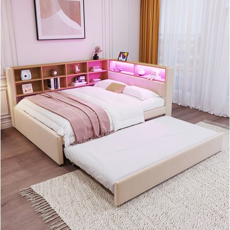 MEUBLIV Canapé lit 140 x 200 cm avec lit gigogne 90 x 190 cm – éclairage LED ports USB et USB C – tissu flanelle beige – structure métal bois (1/5)