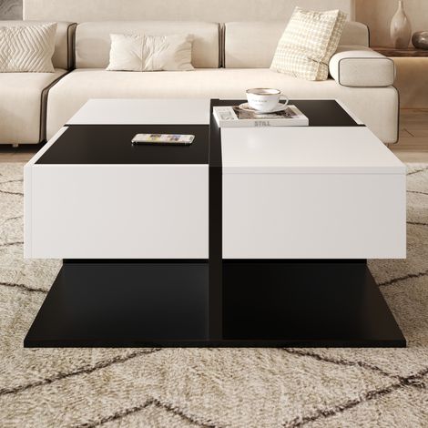 Tavolino 70x70x35,5 cm - con 2 cassetti - tavolino da salotto quadrato - lucido - bianco e nero (1/5)
