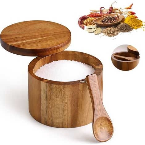 Salero de madera con tapa de rosca, Tarro de especias de madera de acacia para la cocina, Caja almacenamiento resistente sal, 9x9x7 cm (1 pieza) (1/5)