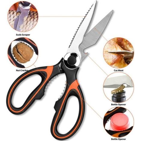 Ciseaux de cuisine multifonctionnels, ciseaux de cuisine professionnels en acier inoxydable pour poulet, bouteilles, barbecue, noix, légumes (1/4)