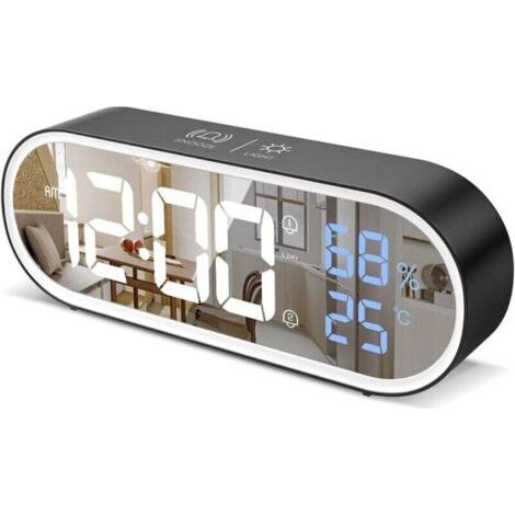 Digitaler Spiegelwecker – LED-Digitaluhr – Großes Display für Uhrzeit, Temperatur und Luftfeuchtigkeit – 40 gespeicherte Töne – Schlummerfunktion, tragbar, USB-Ladefunktion – Schwarz