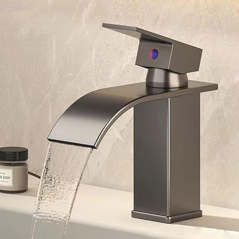 Robinet Vasque à Poser Cascade,Laiton Mitigeur Lavabo Eau Chaude et Froide Disponible,Gris,Short (1/4)