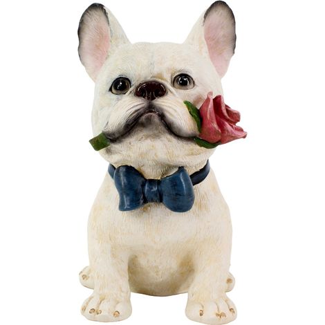 Statuetta in resina raffigurante un bulldog con bouquet di rose - Decorazione elegante