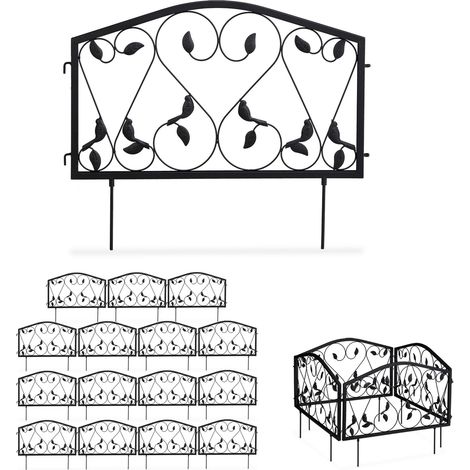Relaxdays Garden Edging, 16 Piece Set, HxW: 33 x 900 cm, Flowerbed Border Fence, Push-In, Iron, Leaf Design, Black