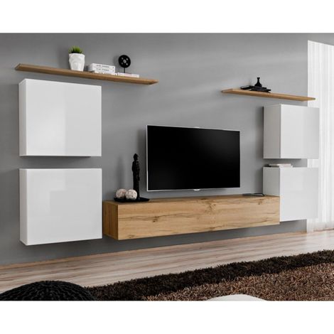 Meuble TV Mural Design "Switch IV" 320cm Blanc & Naturel (1/4)