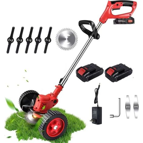 Tagliabordi a batteria da 24 V con lama in metallo, batteria agli ioni di litio da 4 Ah e caricabatteria, ruote rimovibili, decespugliatore elettrico per giardini e prati (2 batterie)