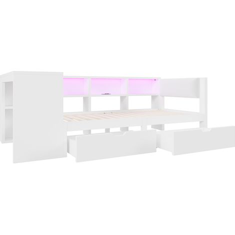 Cama plataforma 90x200 cm blanca con almacenaje, cajones, cargador y cabecero LED (1/5)
