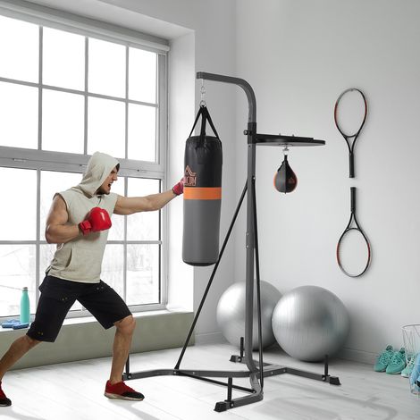 Support de sac de frappe sur pied avec poire de vitesse, acier équipement pour boxe, muay thai, kickboxing et arts martiaux en gym noir
