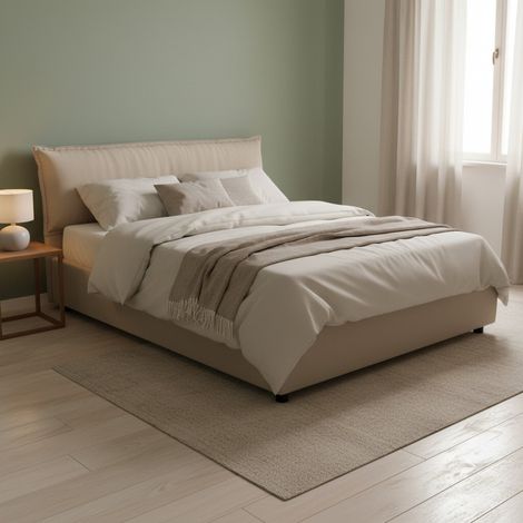 Talamo Italia Cama matrimonial Clorinda, Cama contenedor con funda extraíble con cabecero tapizado y estructura de cama, 100% Made in Italy, con colchón de Cm 160x200 incluido, Beige, con embalaje ref (1/5)