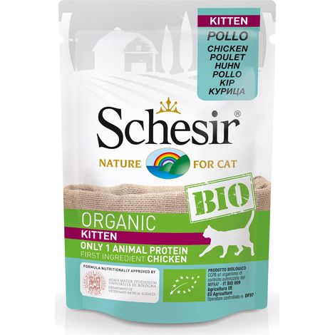 Schesir BIO, Alimento Completo Umido per Gatti cuccioli, Patè selezionato di Pollo senza Cereali - 16 bustine dal 85g (1,36kg totale) (1/3)