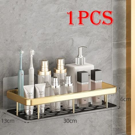 (Gold-B-1Pcs) Étagère murale rectangulaire pour salle de bain, porte-serviettes, porte-shampoing mural, support trépied sans perçage. (1/5)