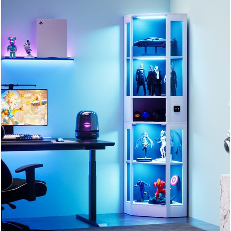 Vetrina 57x40x165 cm bianca in MDF e vetro con LED tricolore, sensore di movimento e ante in vetro (1/5)