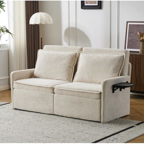 Schlafsofa beige aus Chenille mit USB/Type-C, Stauraumtaschen und 5-fach verstellbarer Rückenlehne (1/5)