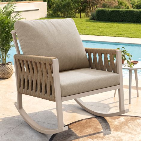 Mecedora de jardín de 65x79x78 cm, cuerda trenzada, cojines cómodos, metal beige (1/5)