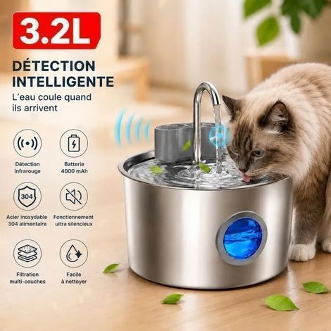 Fontaine à Eau pour Chat INOX 3,2 L — Détection Infrarouge — 3 Modes — Batterie 4000 mAh, Ultra Silencieuse, Filtre Multicouche (1/5)