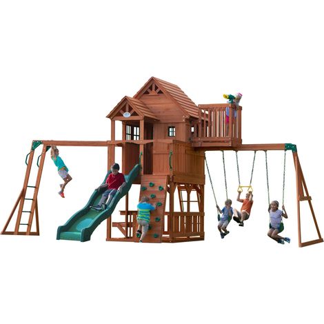 Aire de jeux en bois avec balançoire, toboggan, bac à sable – Dimensions 305 cm – Matériaux durables – Pour enfants – Installation facile – Backyard Discovery