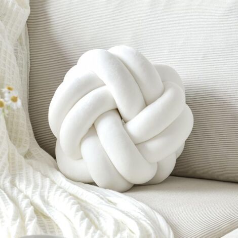 Coussin boule noué, coussin décoratif doux pour la maison, coussin rond noué et interchangeable, coussin moderne fait main (20 cm, blanc)