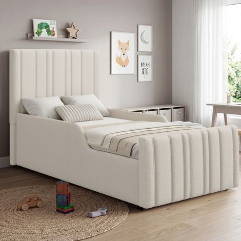 Lit coffre 90x200 beige, lit simple capitonné avec sommier à lattes, lit enfant avec grand rangement hydraulique en tissu lin (1/5)