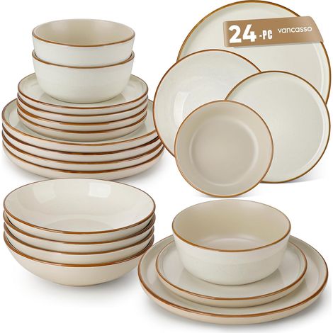 RENO Assittes Service de Table Service vaisselle Assiettes Plates Dessert Creuses Bols Adapté au Micro-Ondes Émail Beige Mat (1/5)