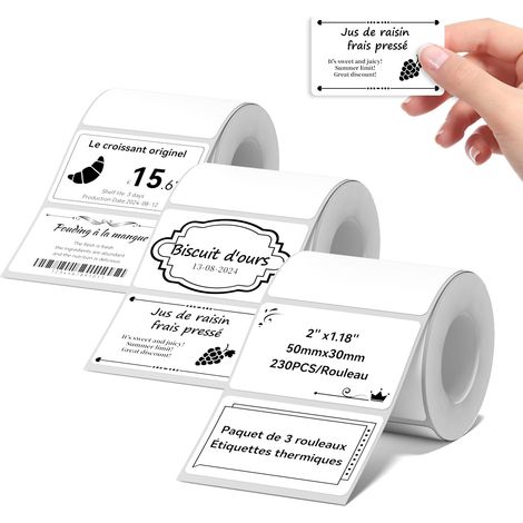 Étiquette 50×30mm blanches, 3 rouleaux pour B1 B2 B21 B3S B31 B4 K4  230 étiquettes autocollantes /rouleau, multi-usages : flacons, bijoux, câbles, épicerie, bureau (1/5)
