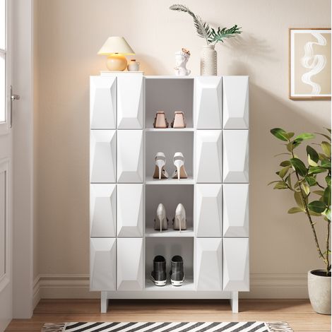 MODFU – Vitrina y zapatero 90,5x34x135,5 cm con 12 nichos, 4 puertas de relieve y almacenamiento versátil para recibidor o salón – Blanco (1/5)