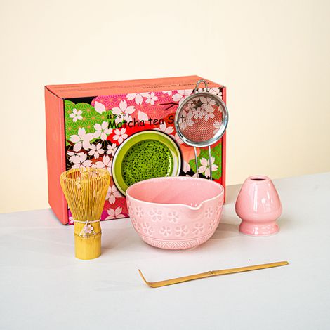 Juego de té matcha japonés, diseño de flor de cerezo, cuenco de cerámica para matcha con abertura, caja de regalo Baiben Li, alta calidad. (1/5)