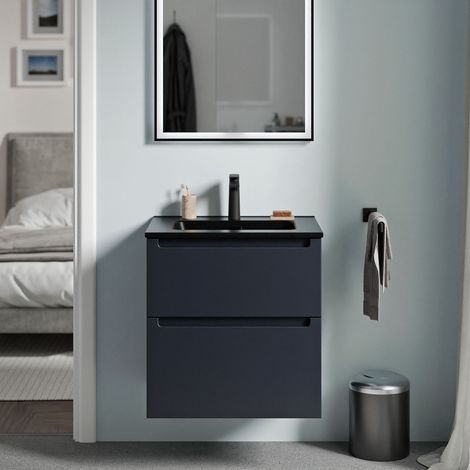 BERNSTEIN - Meuble vasque suspendu MDF Bleu nuit mat 60x46x62cm, lavabos Noir + Bonde pop-up & trou robinet - VIREO 60 (1/5)
