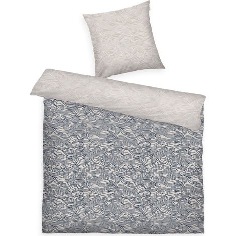 linge de lit douce et renforcée, 2 taies d'oreiller 80x80 cm + 1 housse de couette 200x220 cm, 100 % coton/renforcé, Waves, beige, bleu marine foncé, sable et blanc cassé (1/5)