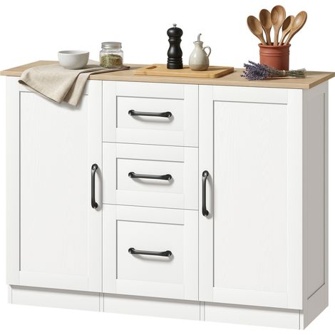 Wohnzimmer-Sideboard mit Stauraum, 2 Türen mit Soft-Close-Funktion, 3 Schubladen, 110 x 35 x 80 cm, weiß-naturfarbenes Holzfinish