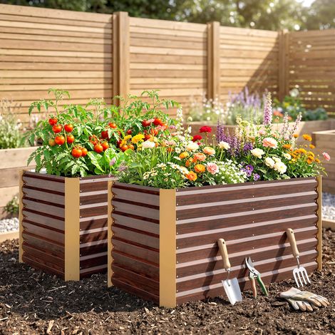 Lot de 2 lits de jardin surélevés carrés potagers cadre en acier galvanisé fond ouvert 120 x 60 x 60 cm effet bois marron