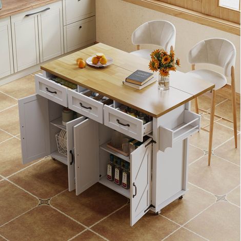 Isola cucina 140x43(70)x90,5 cm in MDF bianco, salvaspazio per cucina FloraGrace (1/5)
