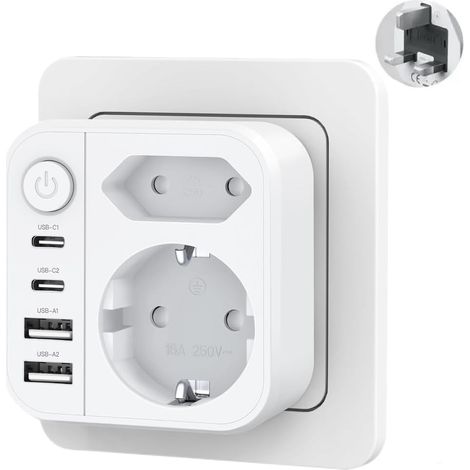 6 en 1 Adaptateur Prise Anglaise avec 2 USB, 2 Type C et 2 Prises Adaptateur Voyage France/Europe vers UK Type G, convient pour UK, Irlande, Malaisie, Maldives (1/5)
